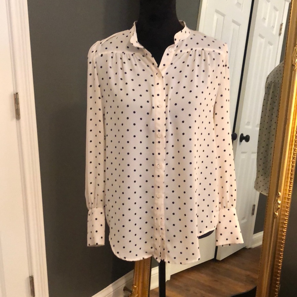 14th & Union l Ivory Black Polka Dot Blouse Button Front Classic Longer